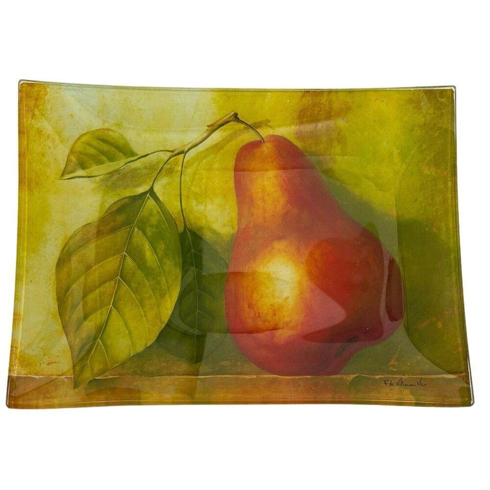 F DE VILLENEUVE Art Thick Glass Large Tray Pear and Leave 16'' Flaw